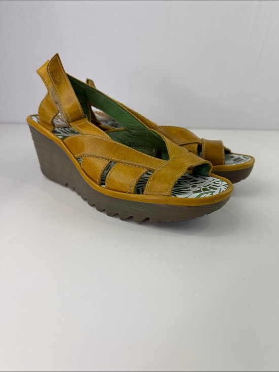 Fly London Shoes - Fly London Mustard Yellow Yisa Leather Wedge Sandals